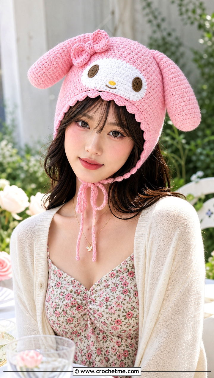 My Melody Crochet Bonnet With A Floral Midi Dress - 30 sanrio crochet hat outfit ideas
