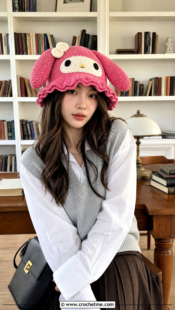 My Melody Crochet Ruffle Bucket Hat With A Sweater Vest - 30 sanrio crochet hat outfit ideas