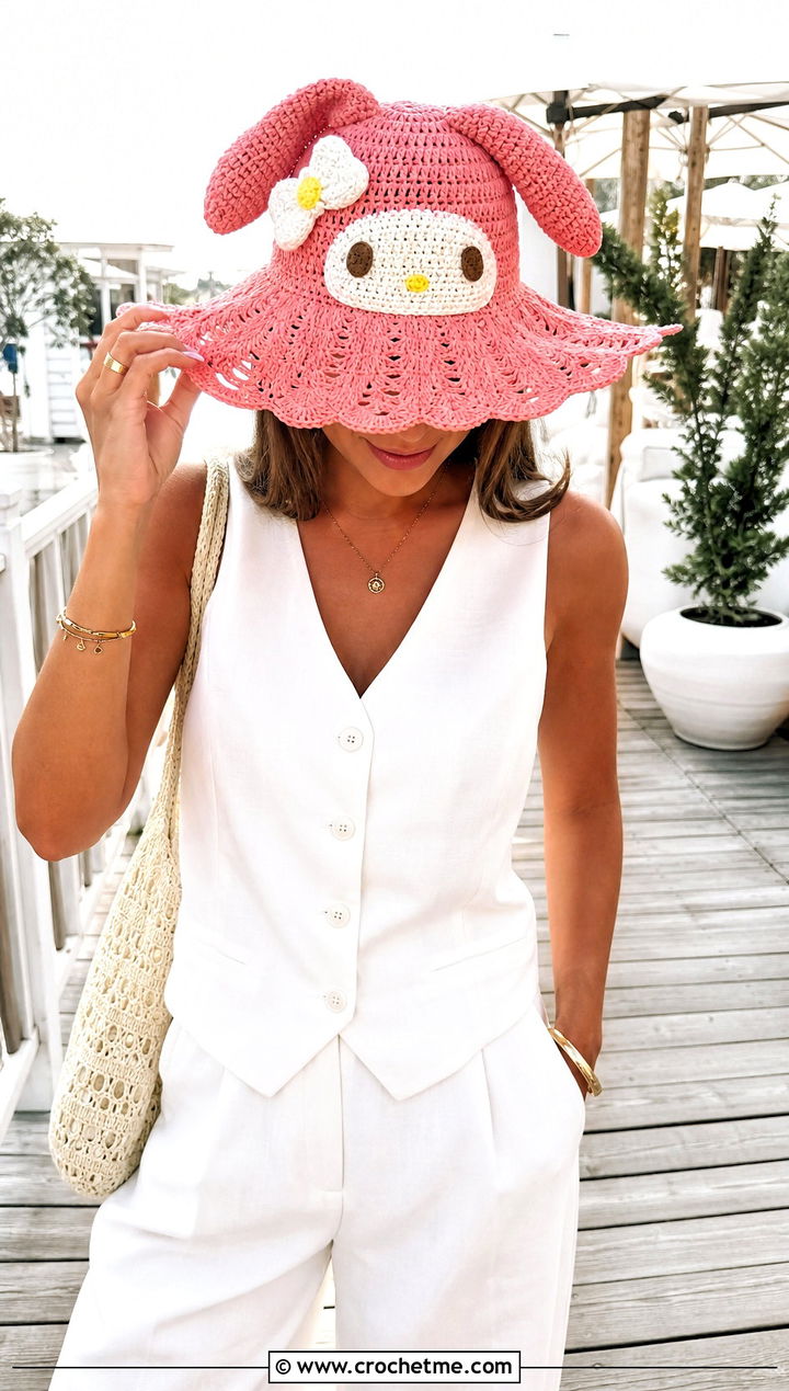 My Melody Crochet Sun Hat With A Linen Set - 30 sanrio crochet hat outfit ideas