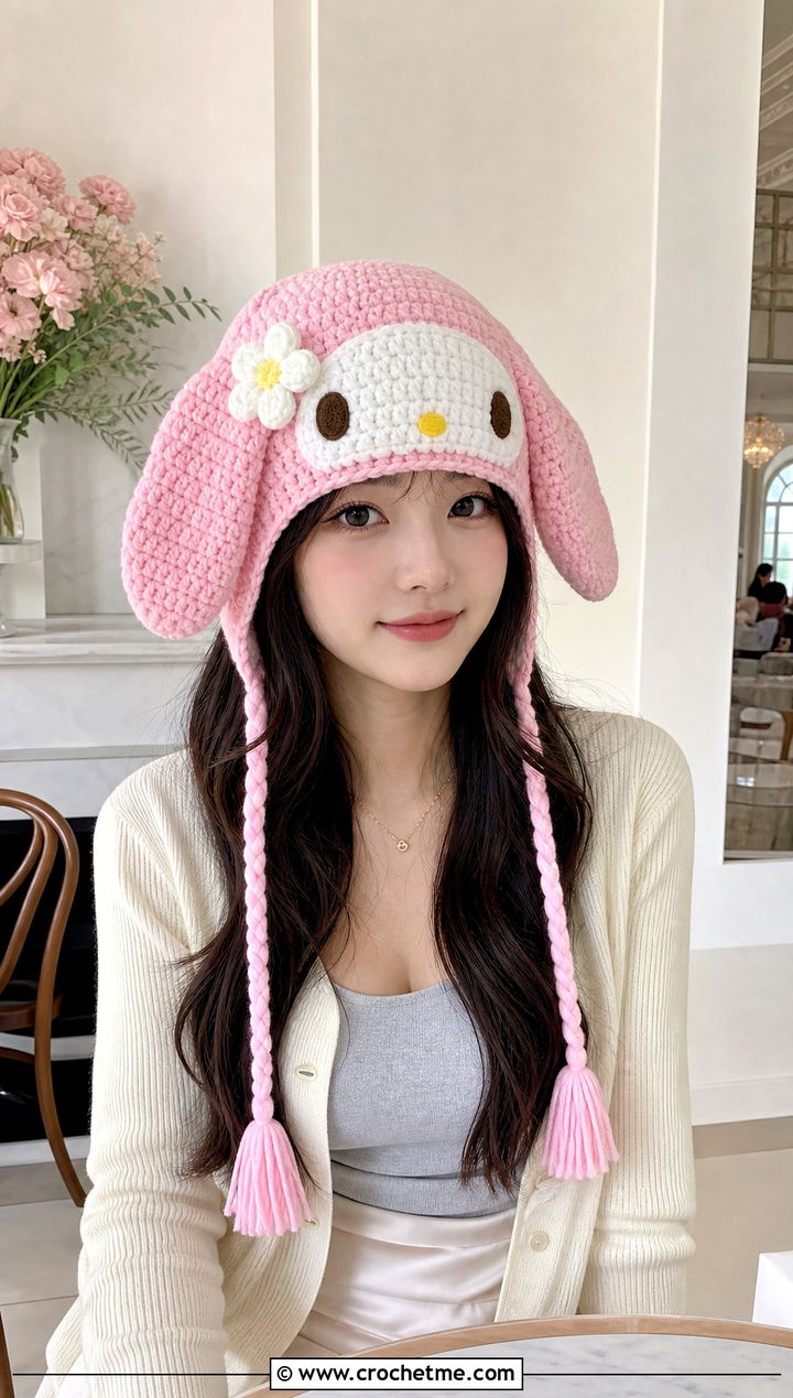 My Melody Ear Flap Beanie With Cardigan - 25 sanrio crochet beanie outfit ideas