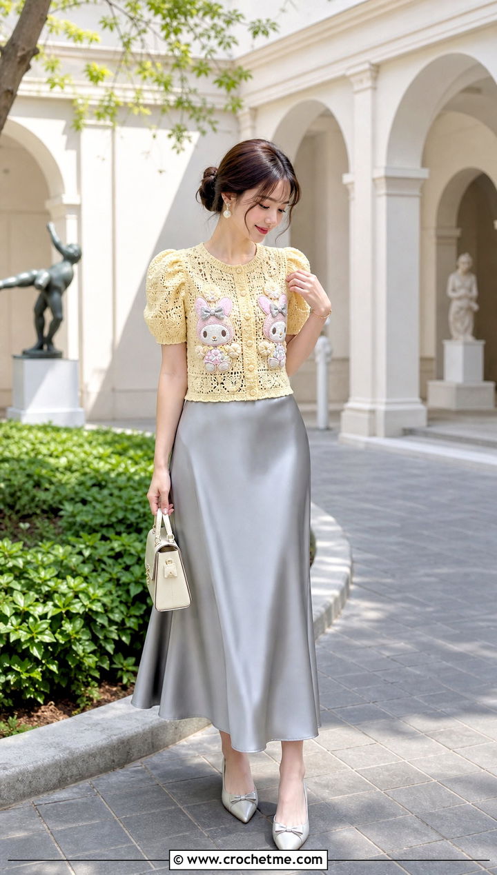 My Melody Puff Sleeve Cardigan With Satin Midi Skirt - 25 Sanrio Crochet Clothes and outfit ideas