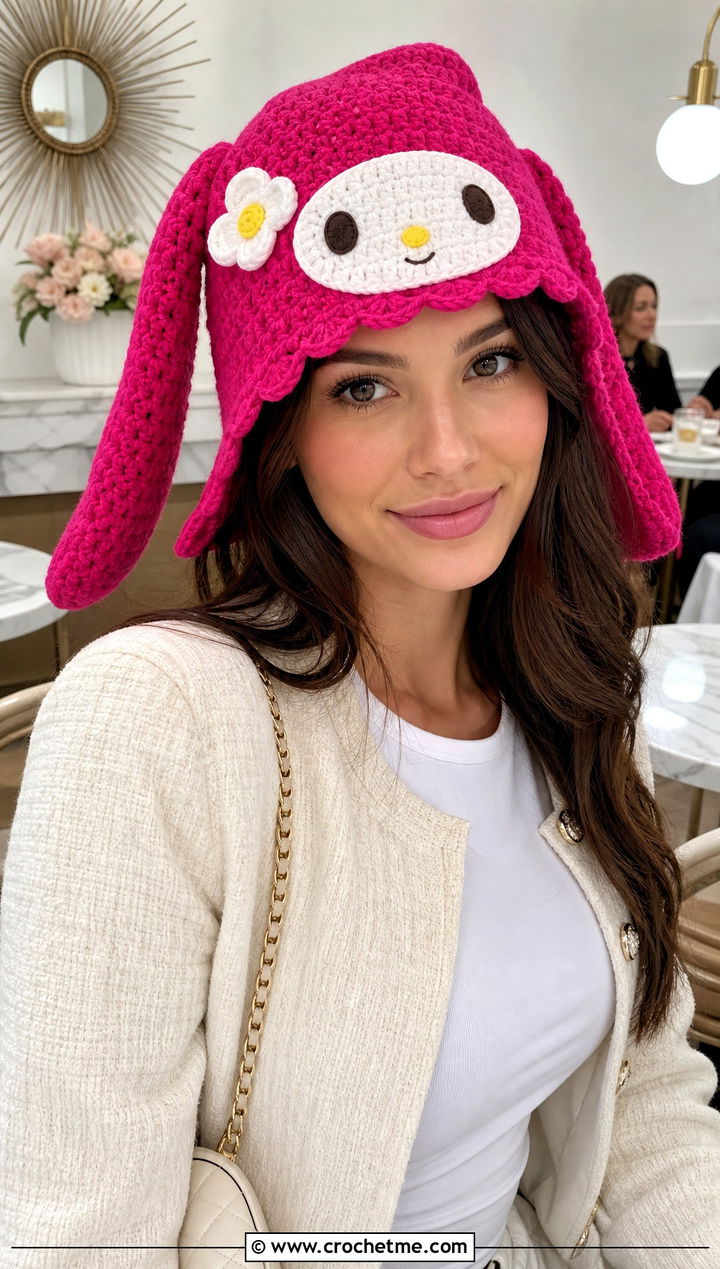 My Melody Scalloped Beanie With Tweed Jacket - 25 sanrio crochet beanie outfit ideas