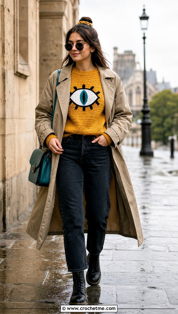 Mystery Eye Crochet Mabel Pines Sweater With Trench Coat - 30 crochet mabel pines sweater outfit ideas