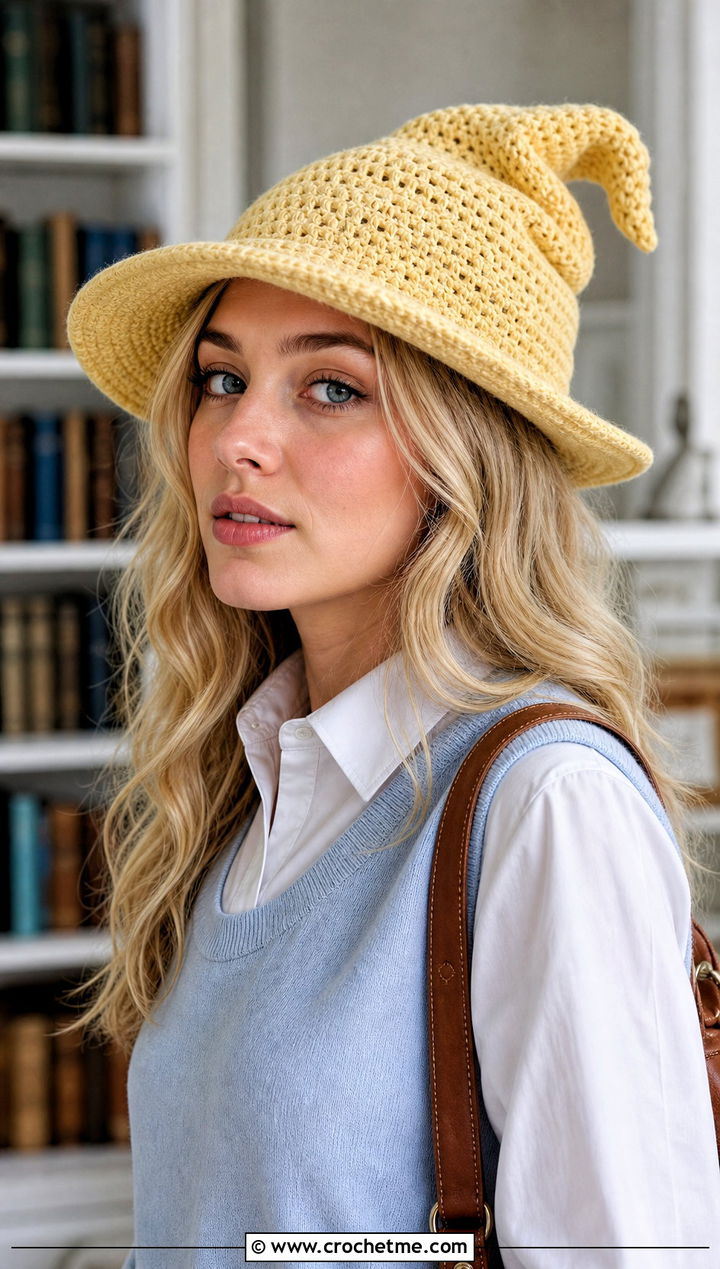 Narrow Brim Slouchy Crochet Witch Hat With Sweater Vest - 30 slouchy crochet witch hat outfit ideas