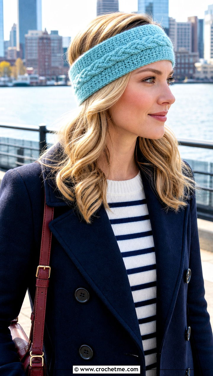 Narrow Cable Earwarmer With Peacoat and Flare Jeans - 15 easy crochet cable headband earwarmer outfit ideas