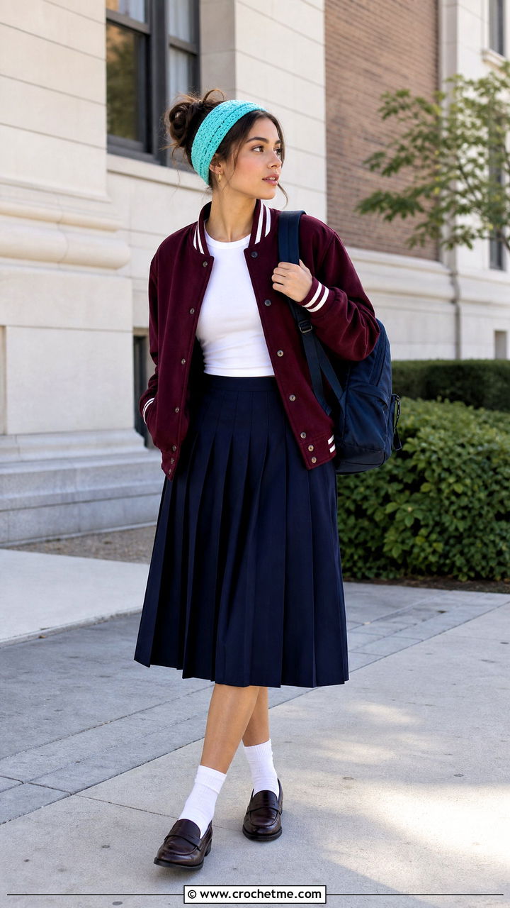 Narrow Crochet Ear Warmer With Varsity Jacket And Pleated Skirt - 35 crochet ear warmer outfit ideas