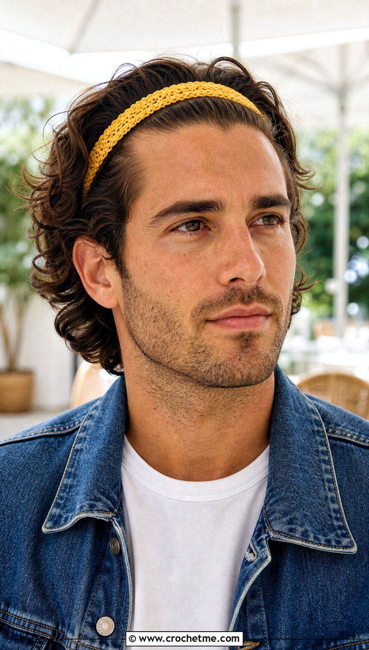 Narrow Crochet Hairband With Denim Jacket And Chinos - 15 Crochet Headband For Men outfit ideas