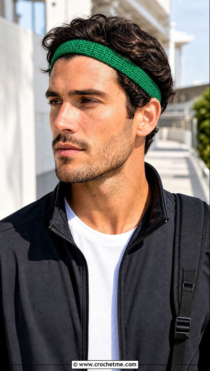 Narrow Crochet Headband With Track Jacket - 25 men's crochet headband outfit ideas