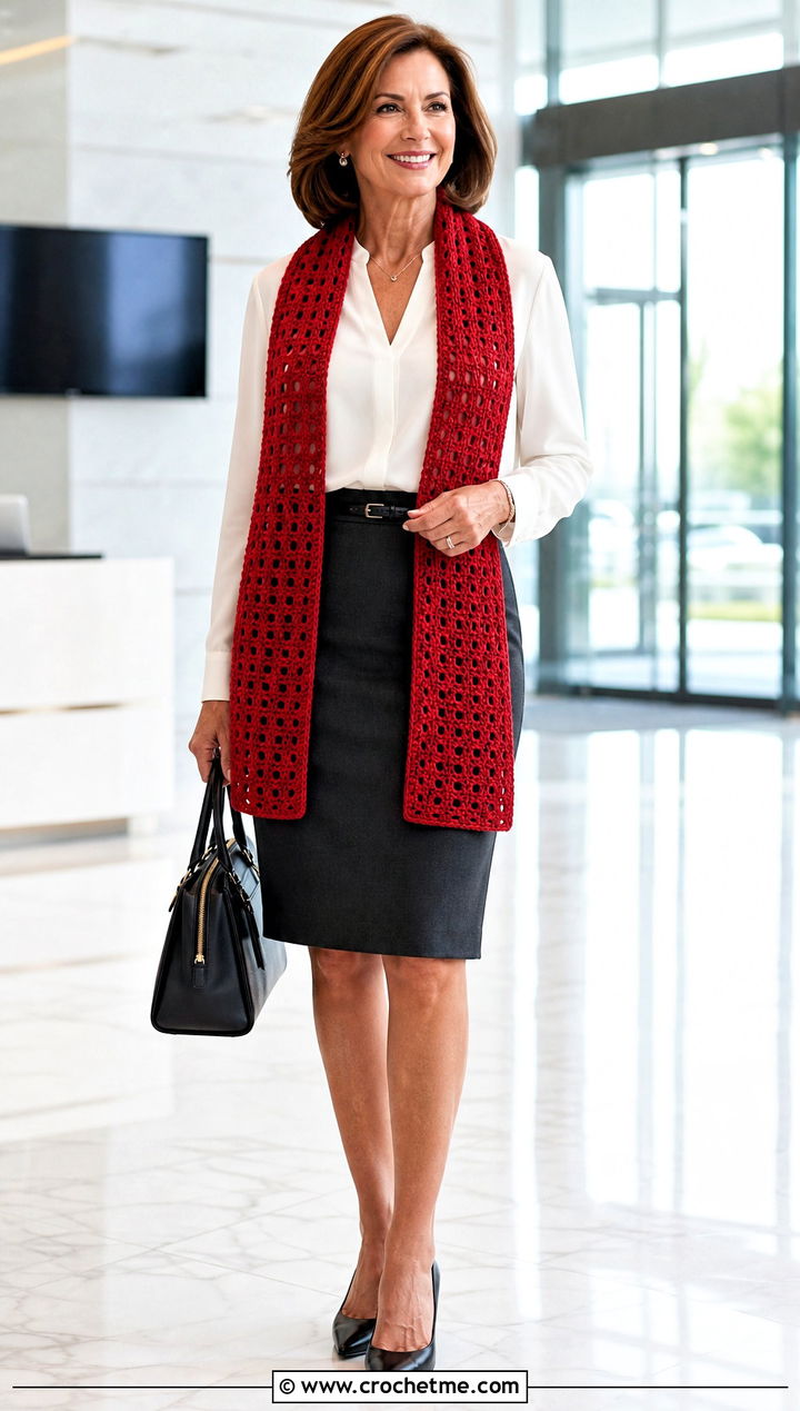 Narrow Crochet Rectangle Stole With Pencil Skirt - 35 Crochet Rectangle Shawl outfit ideas
