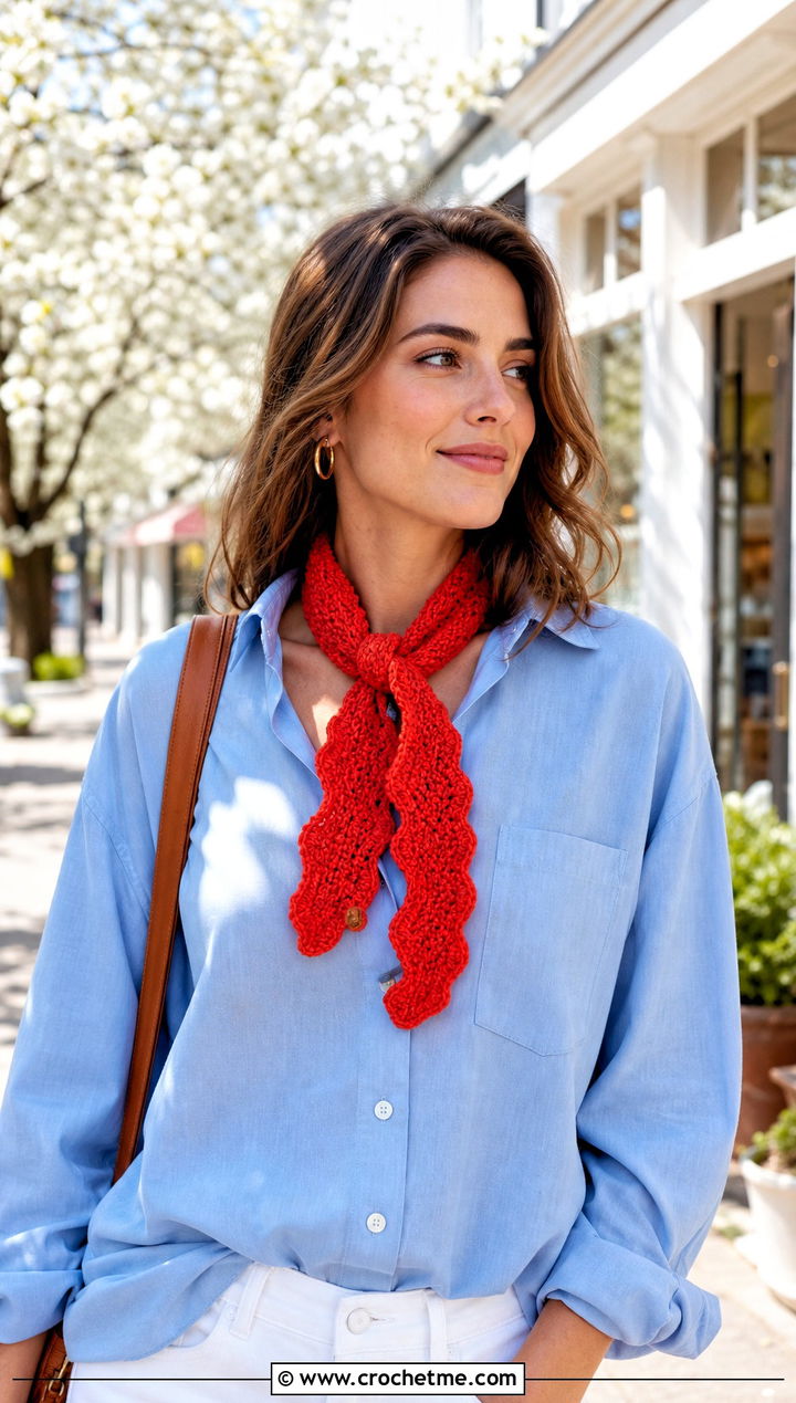 Narrow Crochet Ripple Scarf With Button Down Shirt - 20 Crochet Zig Zag Scarf outfit ideas