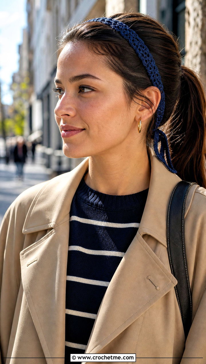 Narrow Crochet Tie Headband With Trench Coat - 35 crochet tie headband outfit ideas