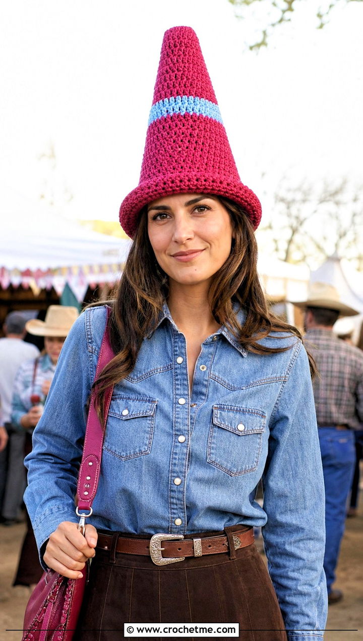 Narrow Crochet Traffic Cone Hat With Western Shirt - 25 crochet traffic cone hat outfit ideas