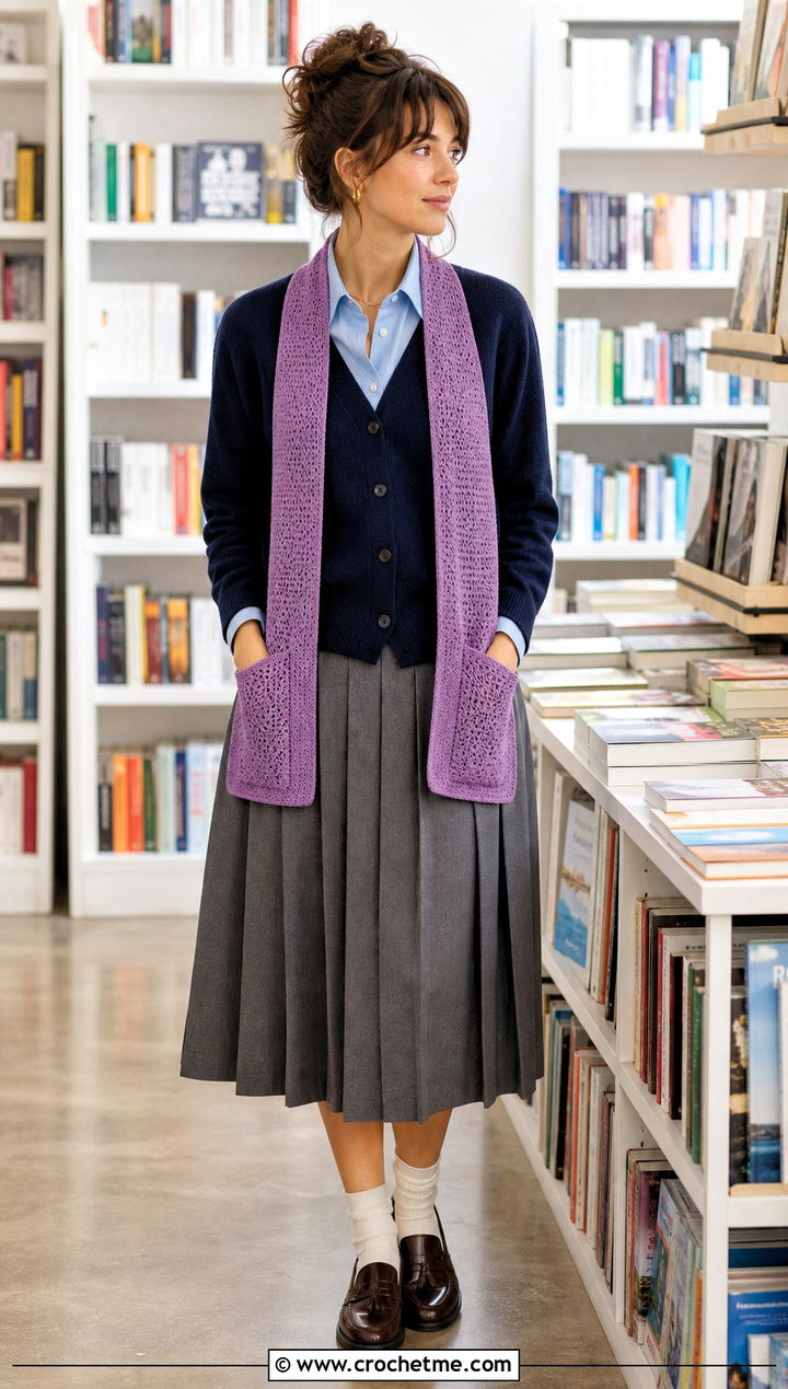 Narrow Pocket Scarf With Preppy Cardigan Outfit - 25 crochet pocket scarves outfit ideas