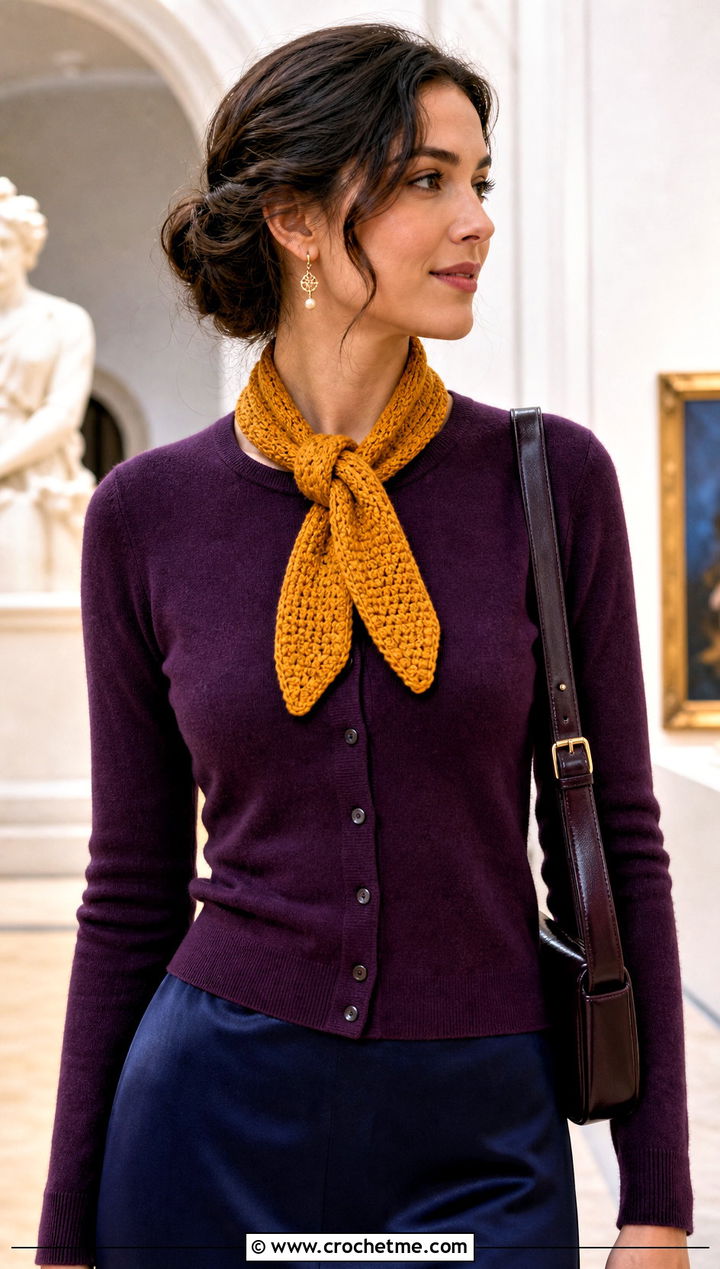 Narrow Single Crochet Scarf With Cardigan And Satin Midi Skirt - 25 Single Crochet Scarf outfit ideas