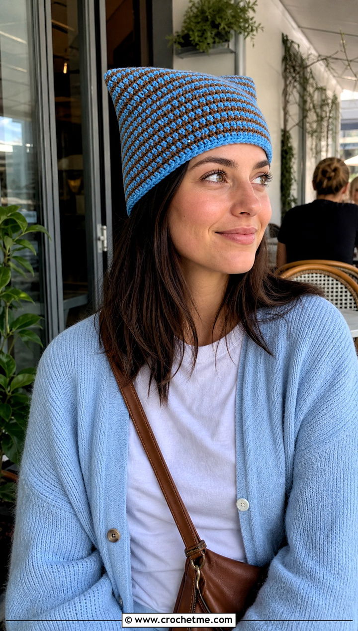 Narrow Stripe Clancy Crochet Beanie With Cardigan And Barrel Jeans - 30 clancy beanie crochet outfit ideas