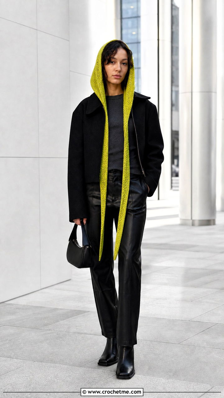 Narrow Tail Crochet Hood Scarf With Faux Leather Pants - 35 crochet hood scarf outfit ideas