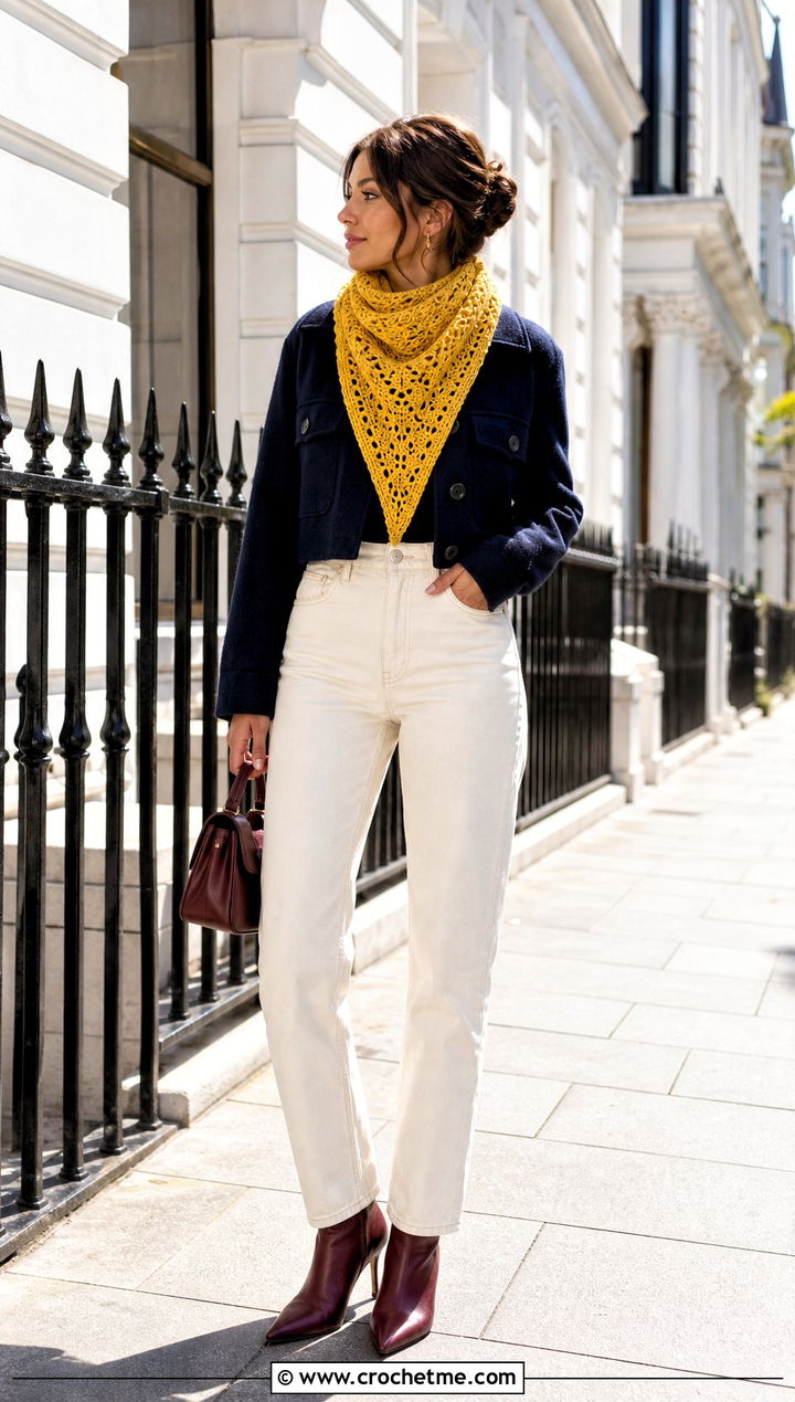 Narrow Triangle Shawl With Cropped Jacket And High Waisted Pants - 35 Easy Simple Crochet Triangle Shawl outfit ideas