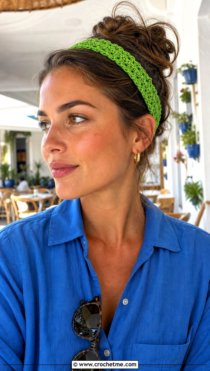 Narrow Tunisian Hair Band With Shirt Dress - 30 tunisian crochet headband outfit ideas