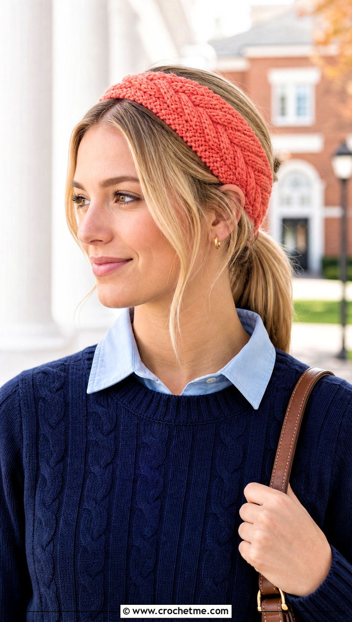 Narrow Twist Crochet Ear Warmer With Preppy Outfit - 25 twist crochet ear warmer outfit ideas