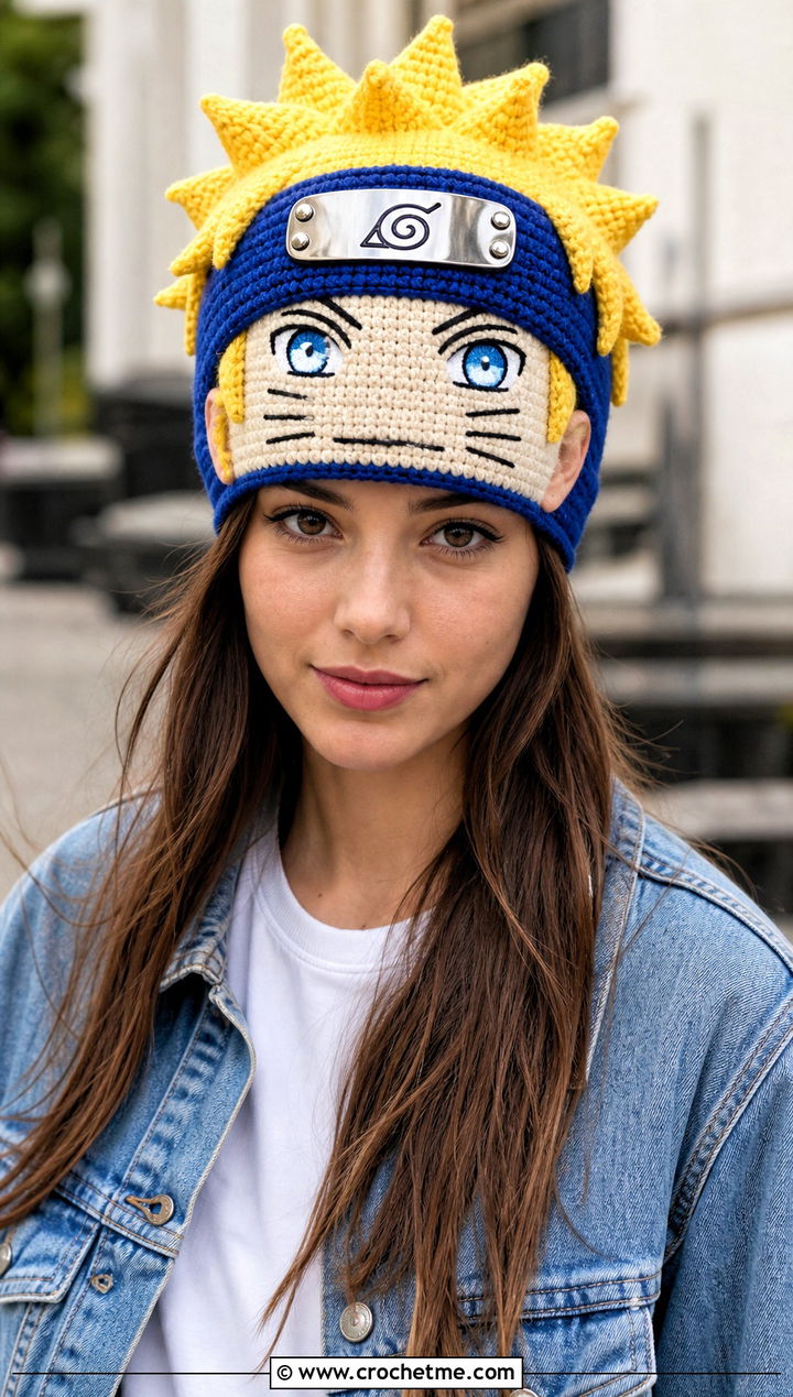 Naruto Face Beanie With Denim Jacket - 25 naruto crochet hat outfit ideas
