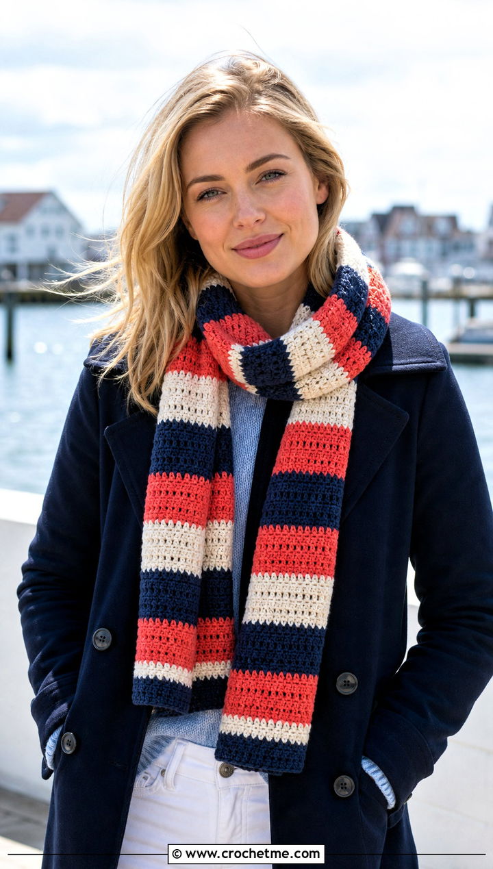 Nautical Stripe Crochet Scarf With Peacoat - 30 Stripe Crochet Scarf outfit ideas