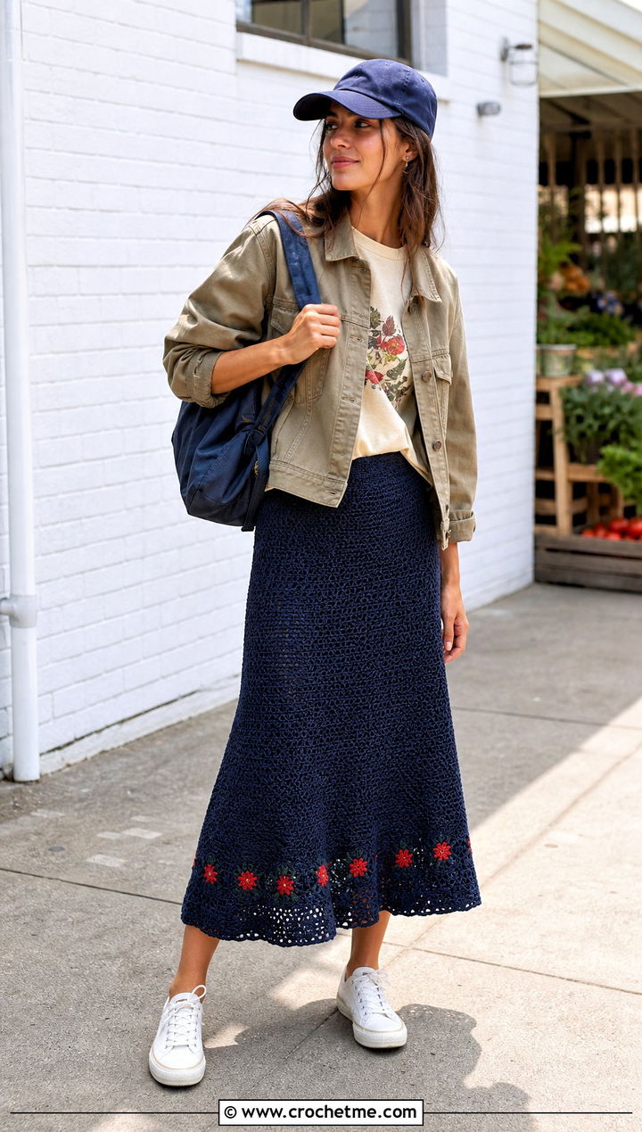 Navy A Line Crochet Skirt With Graphic Tee - 15 navy crochet skirt outfit ideas