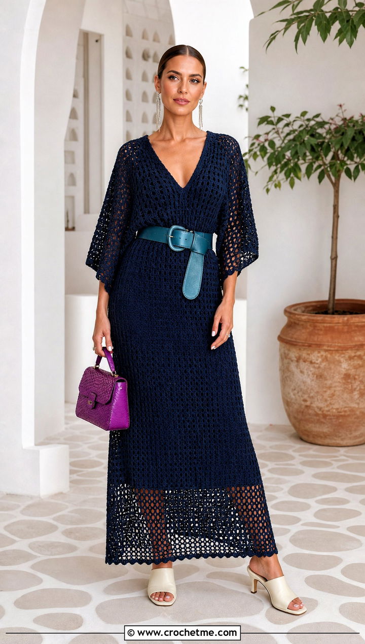 Navy Blue Crochet Caftan Dress With Wide Belt - 25 navy blue crochet dress outfit ideas