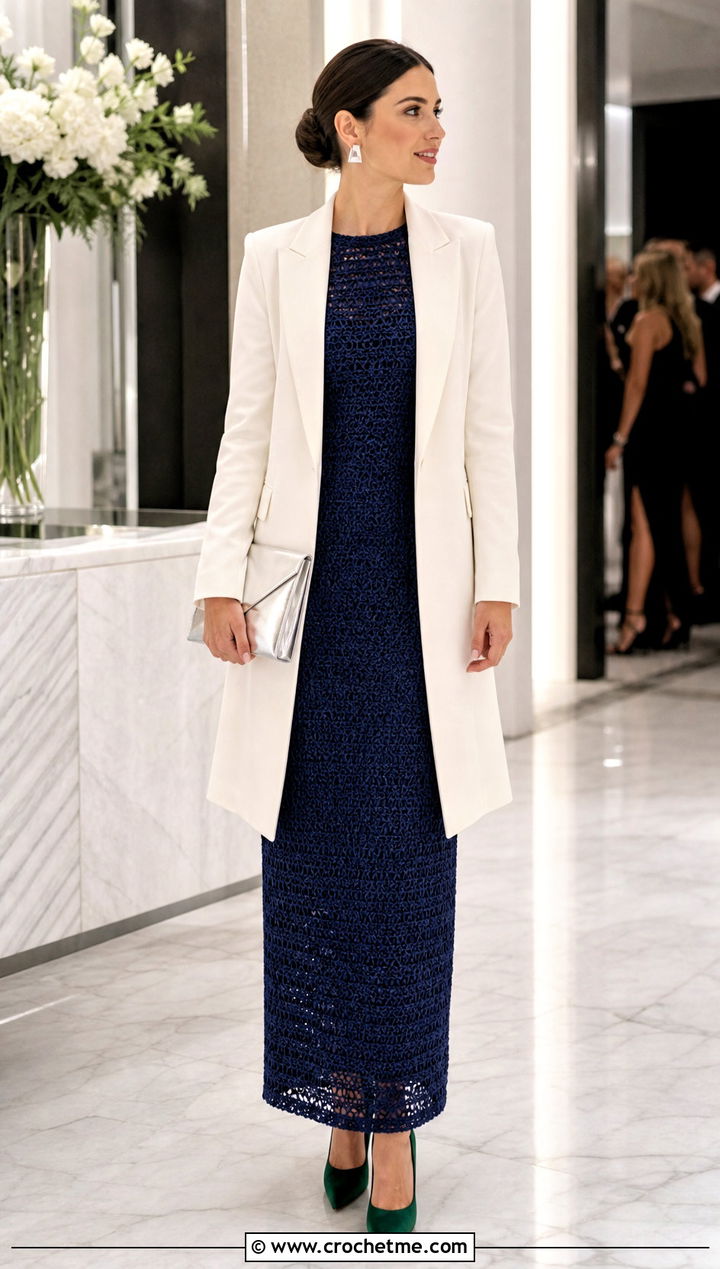Navy Blue Crochet Column Dress With Long Blazer - 25 navy blue crochet dress outfit ideas