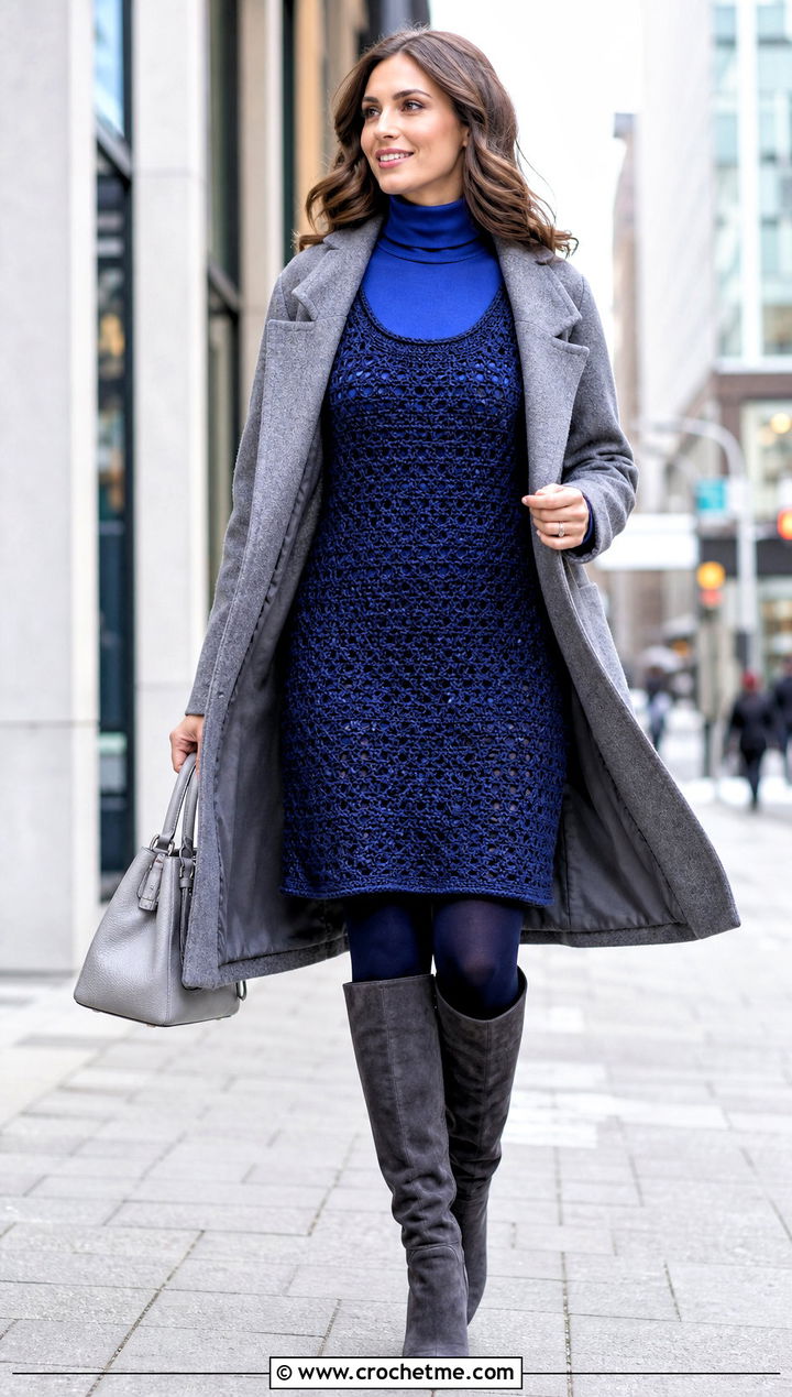 Navy Blue Crochet Sweater Dress With Knee High Boots - 25 navy blue crochet dress outfit ideas