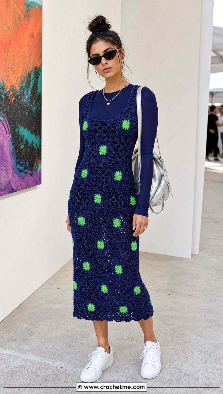 Navy Blue Granny Square Crochet Dress With White Sneakers - 25 navy blue crochet dress outfit ideas