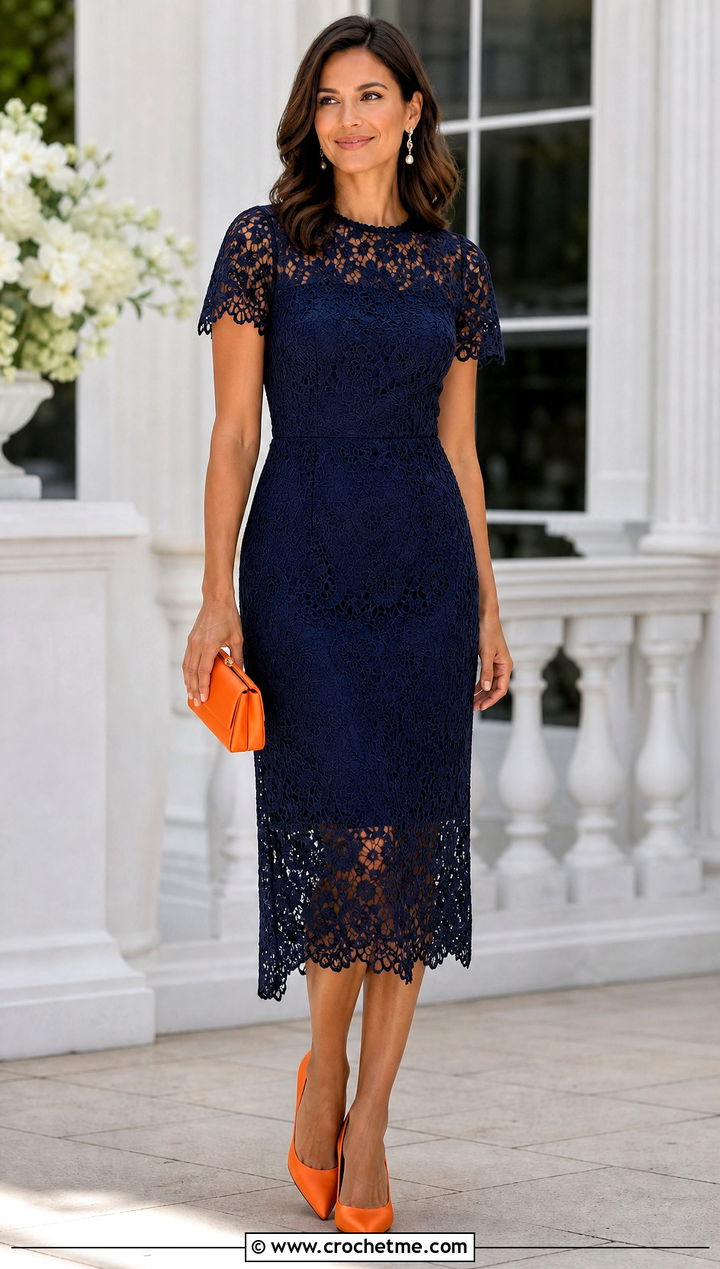 Navy Blue Lace Crochet Dress With Satin Accessories - 25 navy blue crochet dress outfit ideas