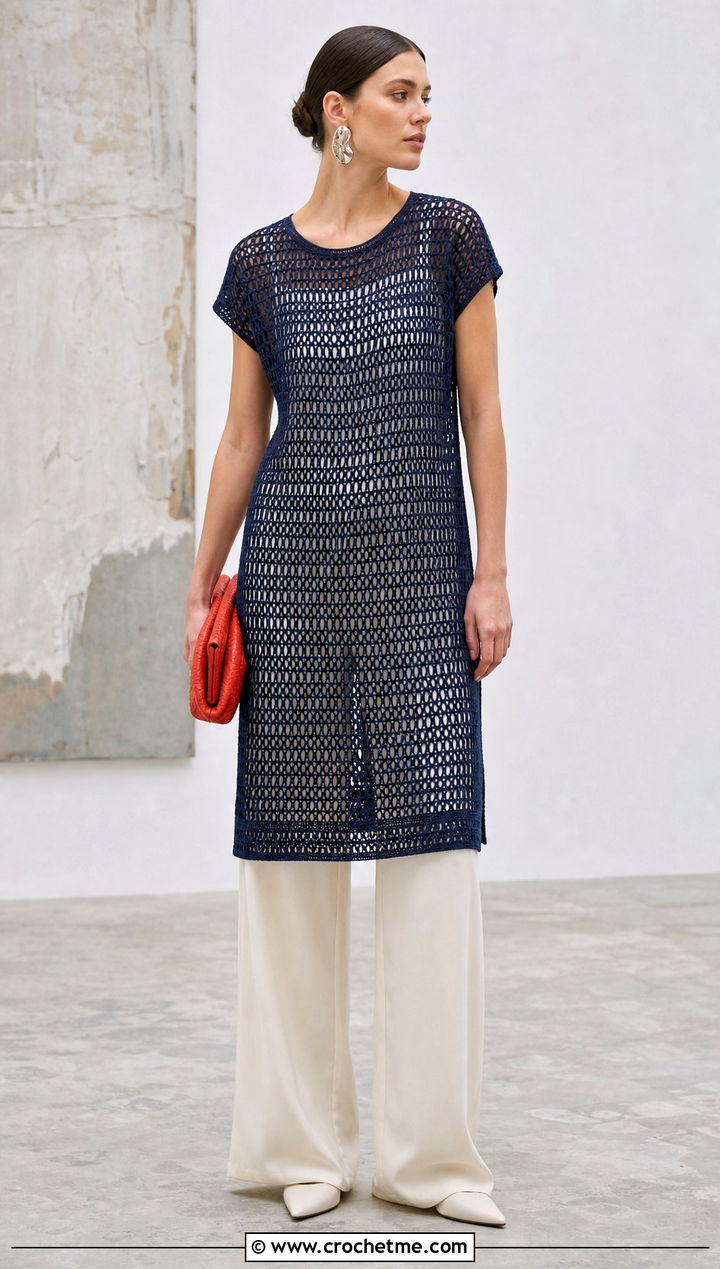 Navy Blue Open Weave Crochet Dress With Tailored Trousers - 25 navy blue crochet dress outfit ideas