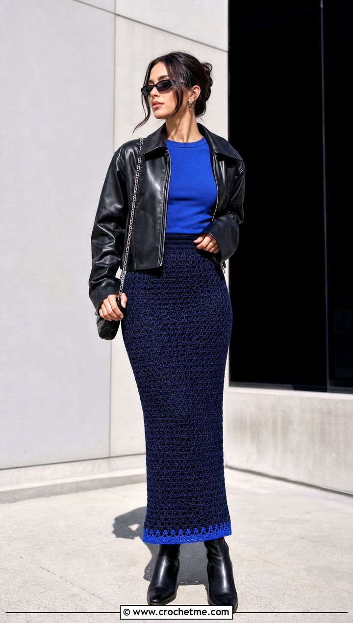 Navy Column Crochet Skirt With Leather Jacket - 15 navy crochet skirt outfit ideas