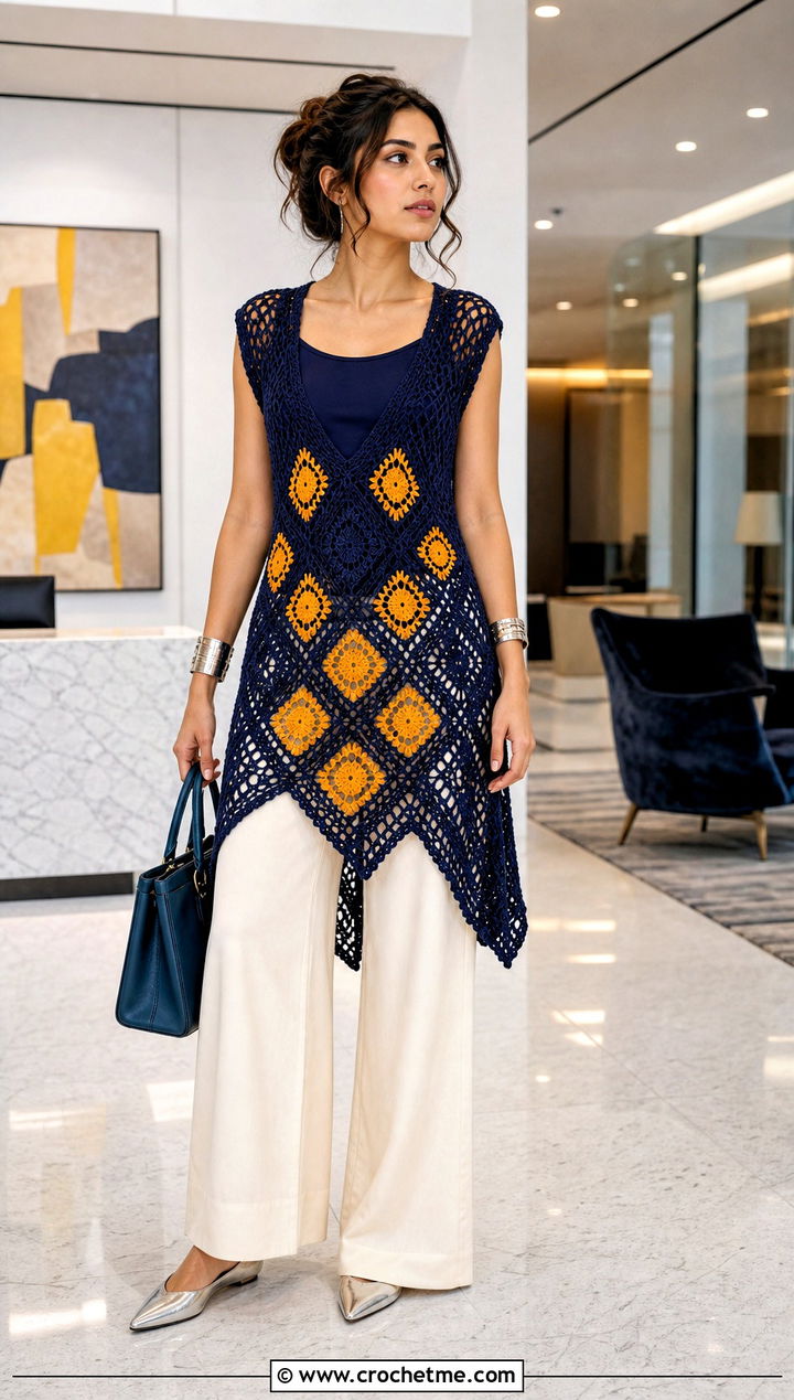 Navy Crochet Tunic Dress With Wide Leg Pants - 25 navy crochet dress outfit ideas