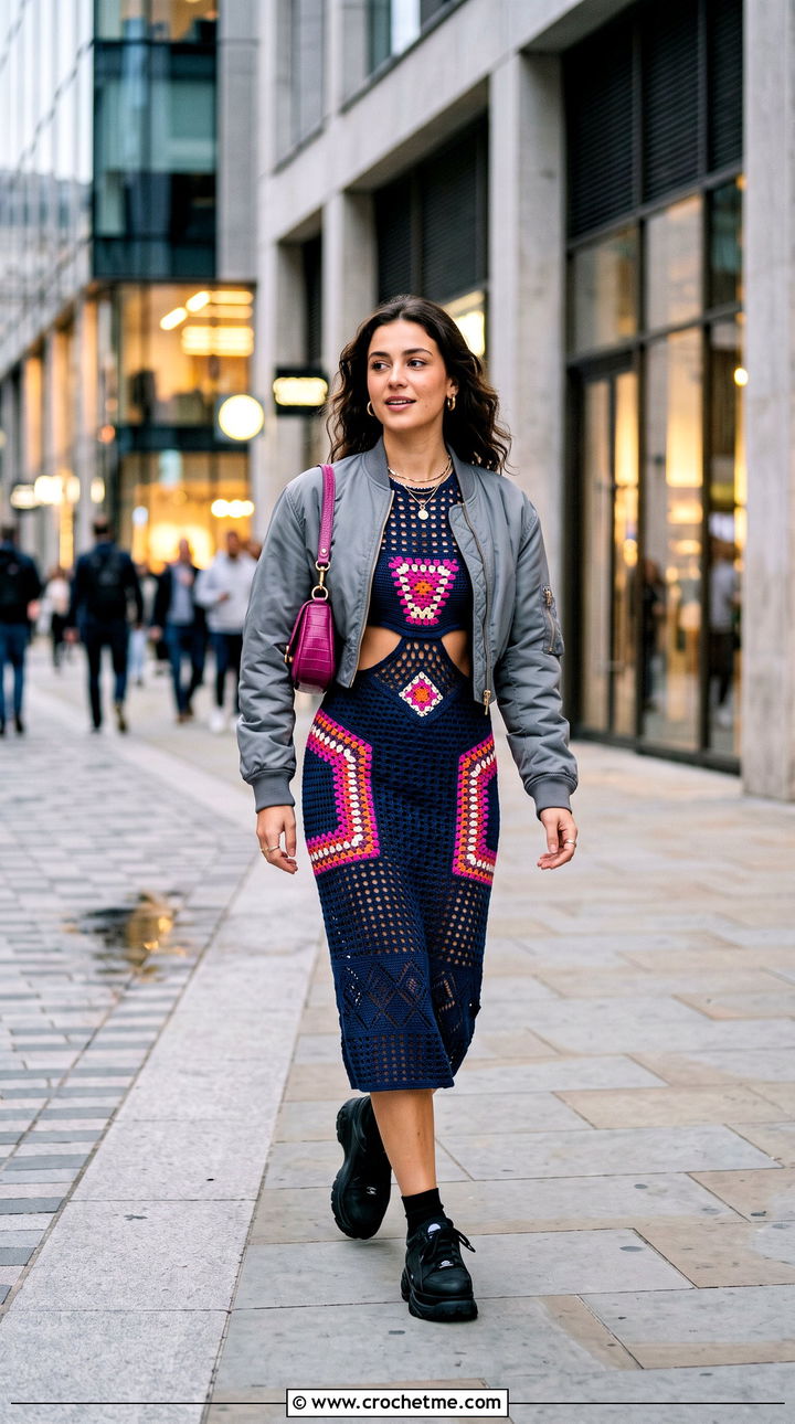 Navy Cutout Crochet Dress With Bomber Jacket - 25 navy crochet dress outfit ideas