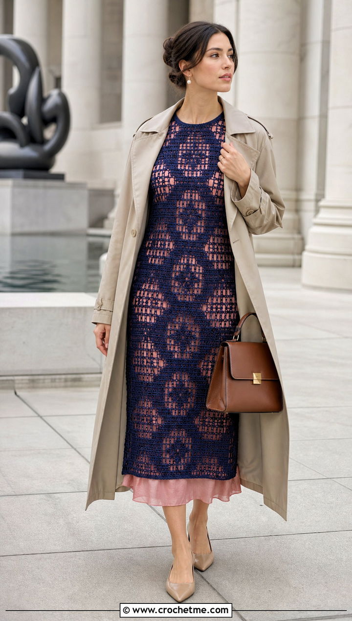 Navy Filet Crochet Dress With Trench Coat - 25 navy crochet dress outfit ideas