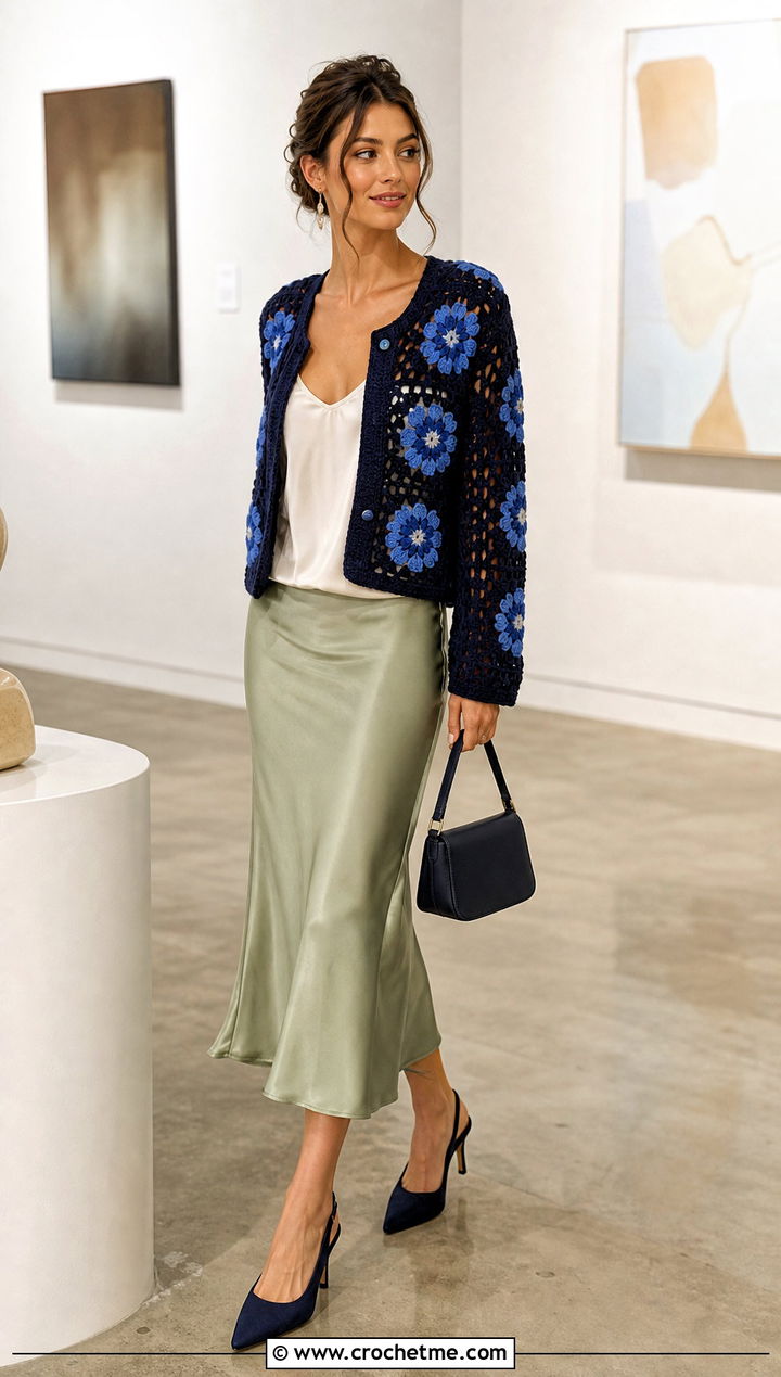 Navy Floral Granny Square Cardigan With Satin Midi Skirt - 30 blue granny square cardigan outfit ideas