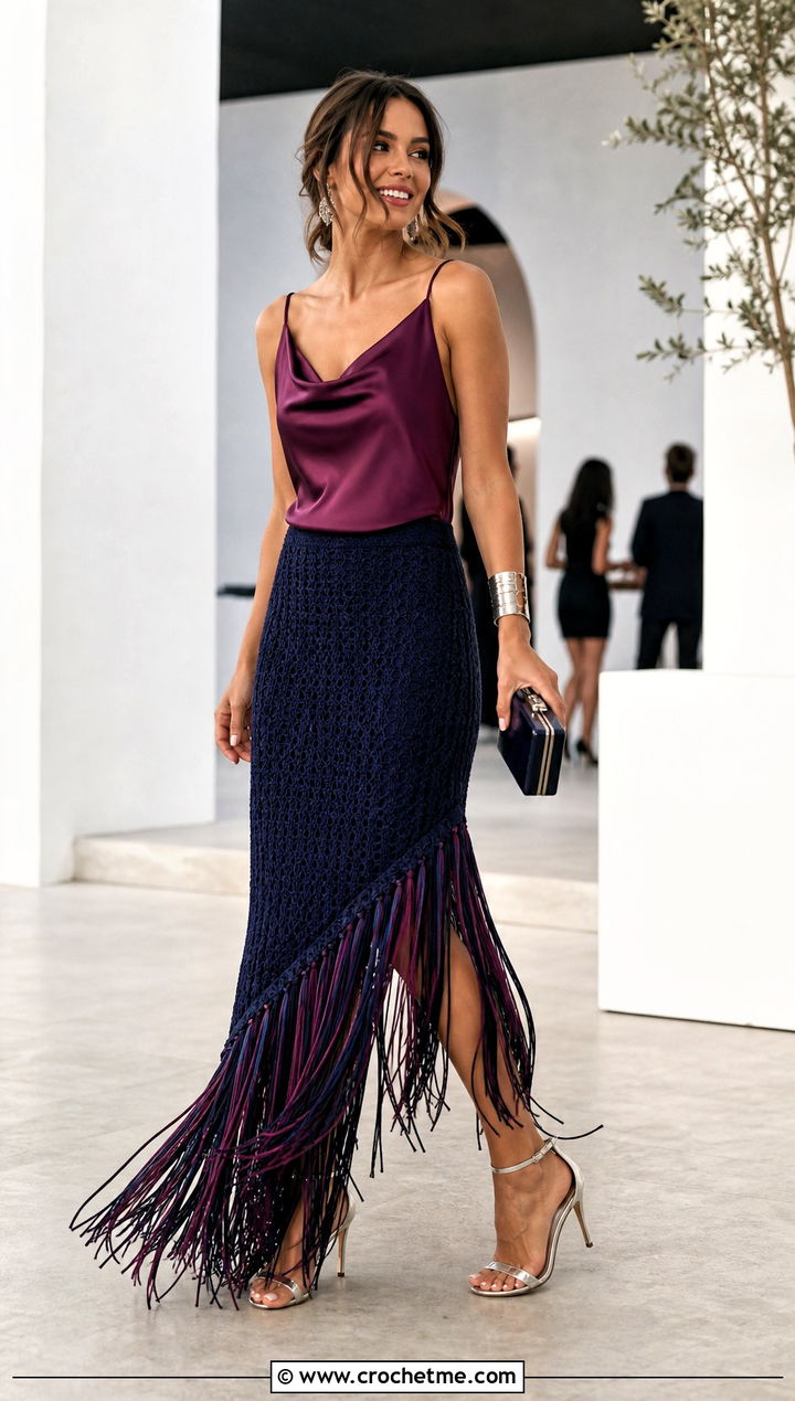 Navy Fringe Crochet Maxi Skirt With Satin Camisole - 15 navy crochet skirt outfit ideas