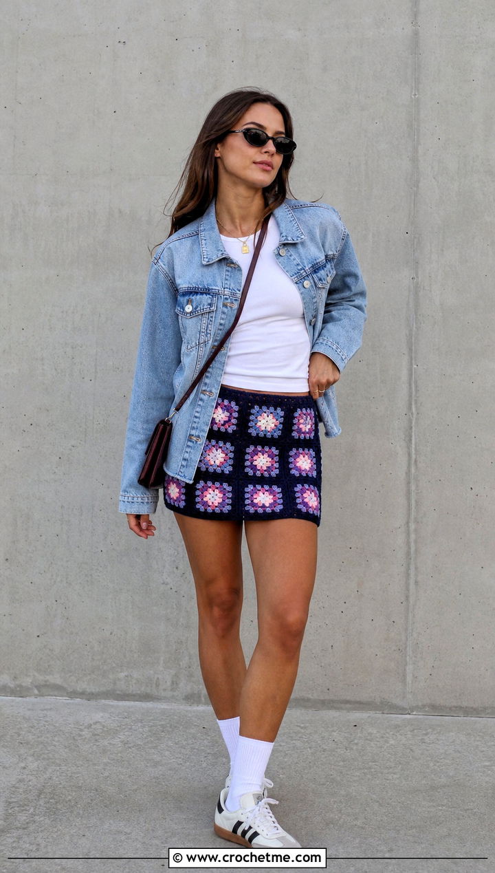 Navy Granny Square Crochet Mini Skirt With Denim Jacket - 15 navy crochet skirt outfit ideas