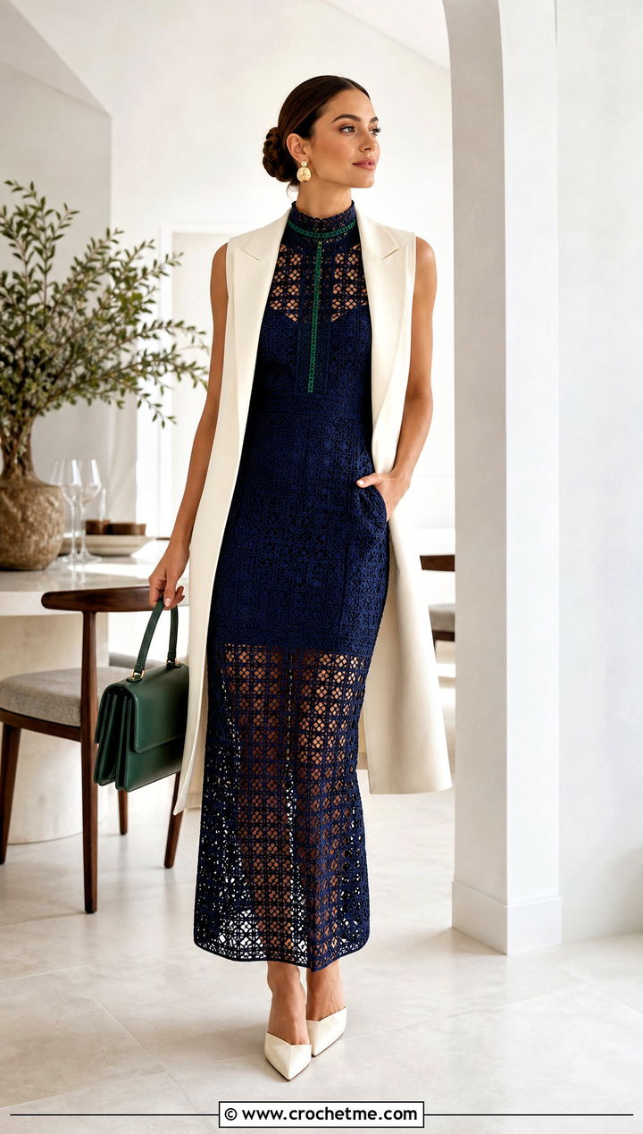Navy High Neck Crochet Dress With Mules - 25 navy crochet dress outfit ideas