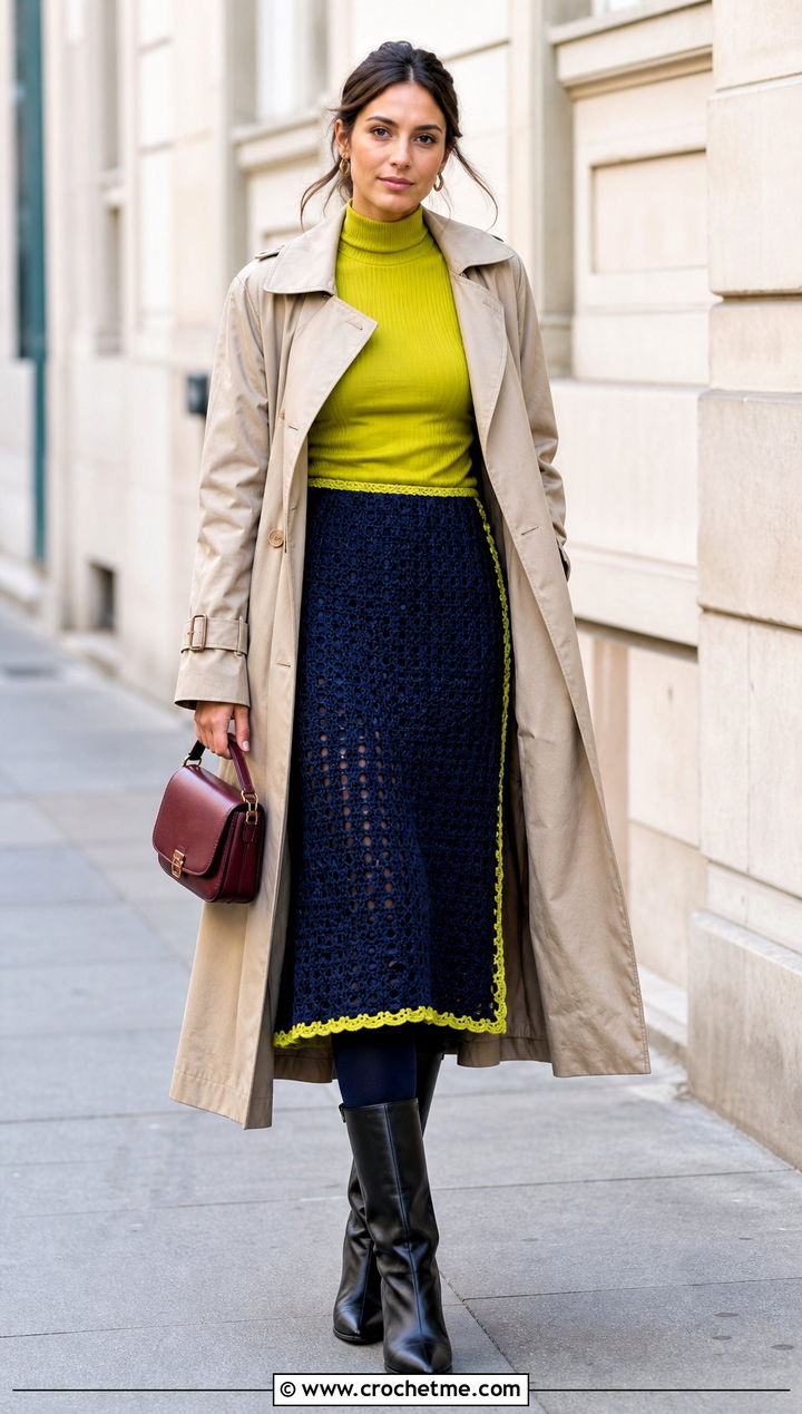 Navy Openwork Crochet Skirt With Trench Coat - 15 navy crochet skirt outfit ideas