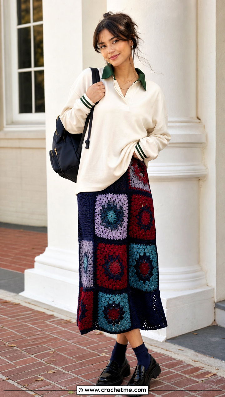 Navy Patchwork Crochet Skirt With Rugby Shirt - 15 navy crochet skirt outfit ideas