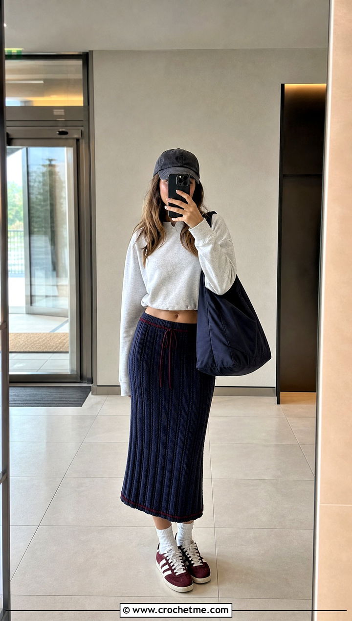 Navy Ribbed Crochet Midi Skirt With Sweatshirt - 15 navy crochet skirt outfit ideas