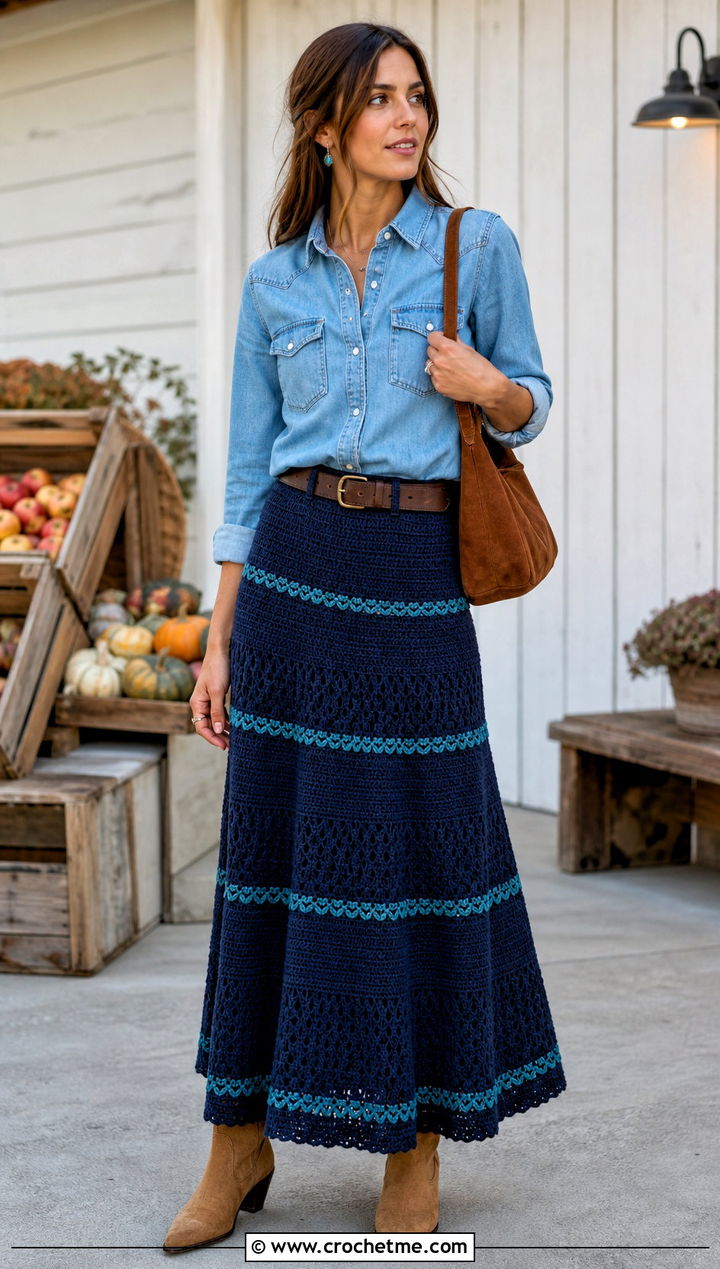 Navy Tiered Crochet Skirt With Western Shirt - 15 navy crochet skirt outfit ideas