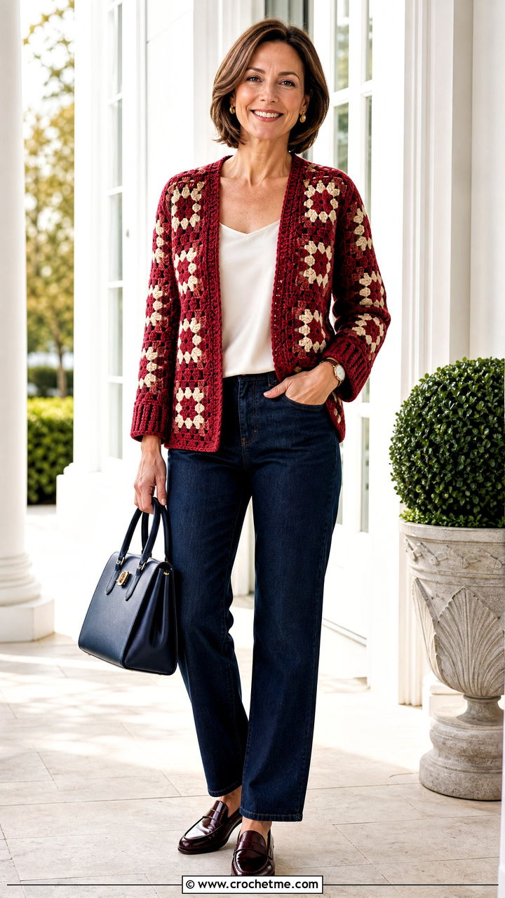Neat Fit Chunky Granny Square Cardigan With Dark Wash Jeans - 35 Chunky Granny Square Cardigan outfit ideas