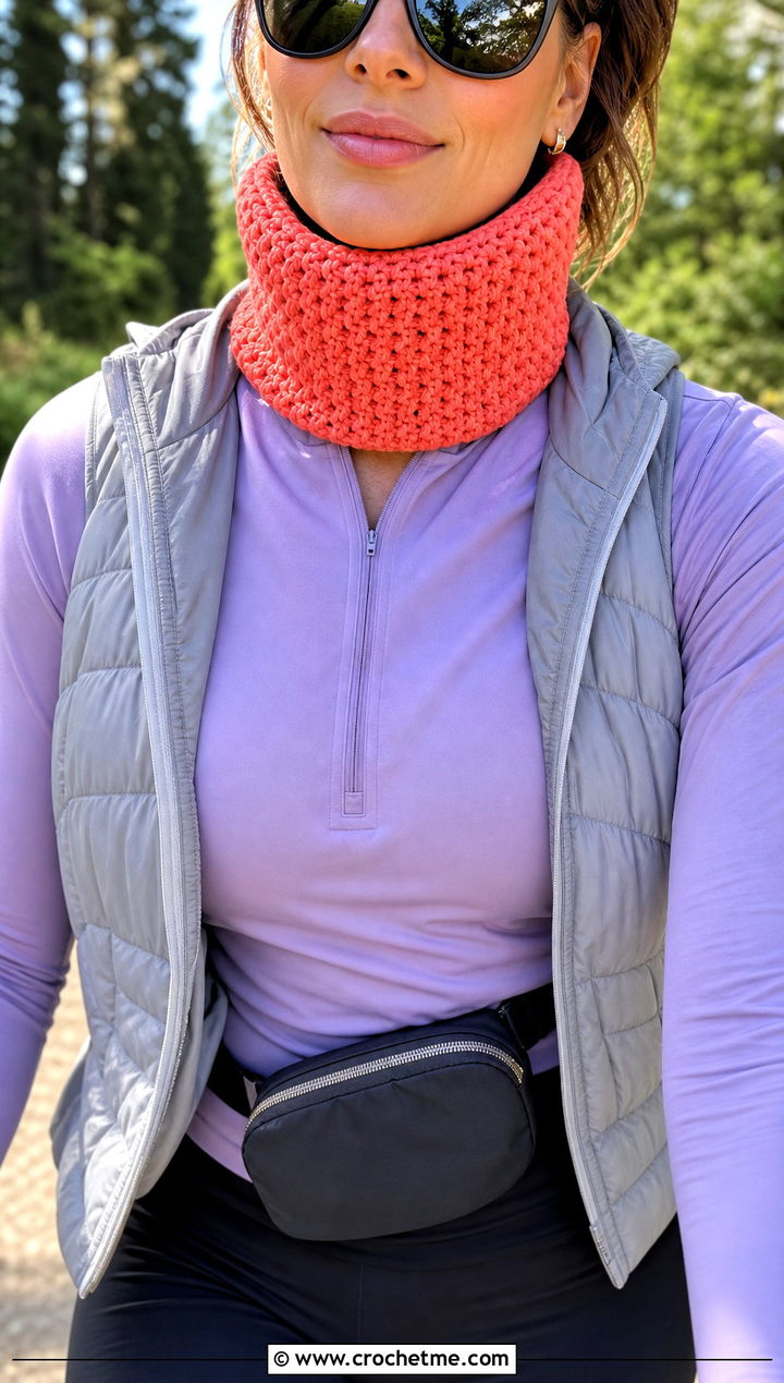 Neck Gaiter Crochet Snood Cowl With Athleisure Set - 20 crochet snood cowl outfit ideas