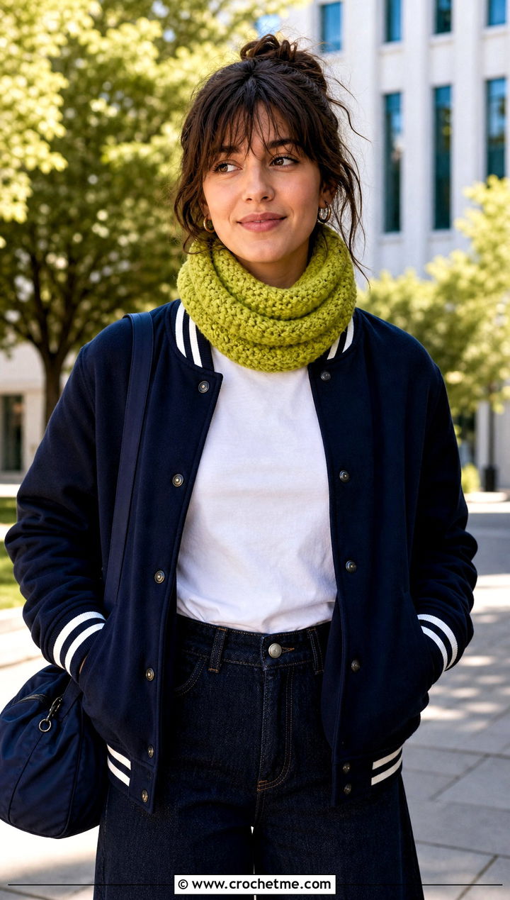 Neck Warmer Crochet Chunky Cowl With Varsity Jacket - 30 crochet chunky cowl outfit ideas