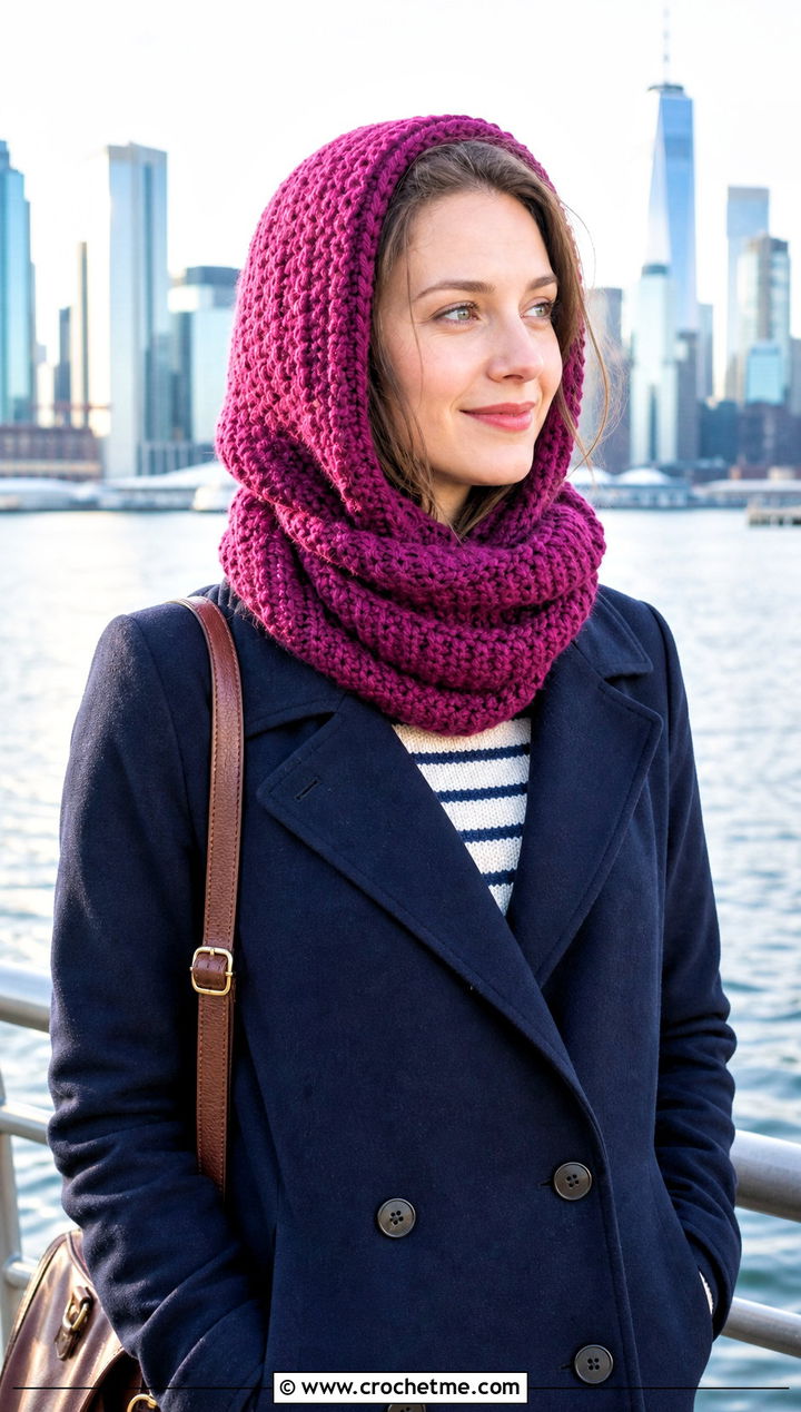 Neck Warmer Crochet Hood Hat With Peacoat - 25 crochet hood hat outfit ideas