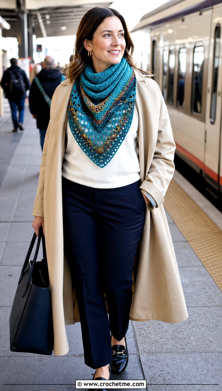 Neck Wrapped Fall River Crochet Shawl With a Trench Coat - 25 Fall River Crochet Shawl outfit ideas
