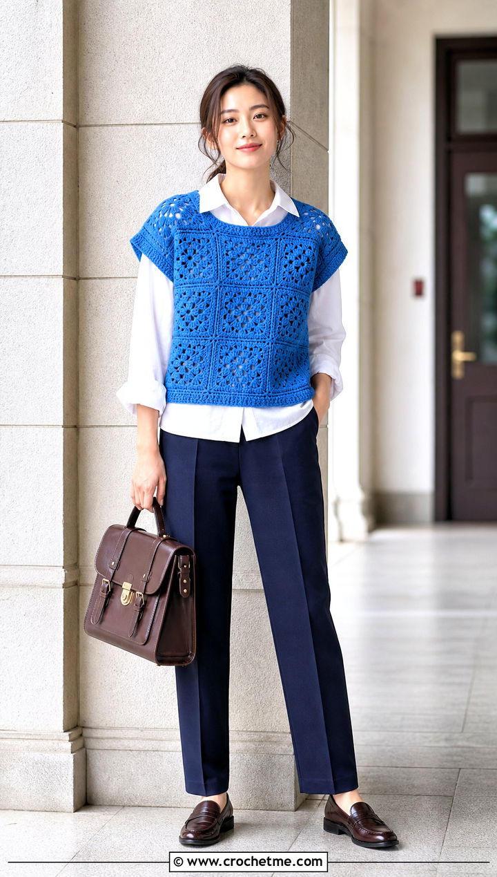 Neith Top Over a Button Down Shirt and Trousers - 30 crochet neith top outfit ideas